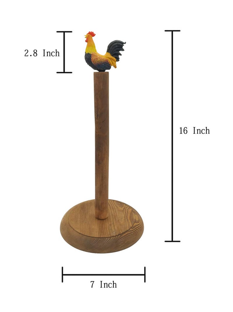 Owlgift Rooster Design Rustic Brown Wood Paper Towel Holder Stand Up Paper Towel Holder, Easy One-Handed Tear Kitchen Paper Towel Dispenser with Weighted Base for Standard Paper Towel Rolls - Image 5